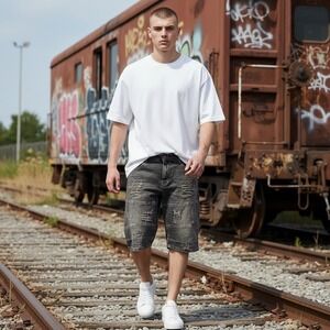 RGSTR Mens Distressed Moto Denim‎ Shorts Grey Acid Wash Size 36 RGD-10-5401B-GY